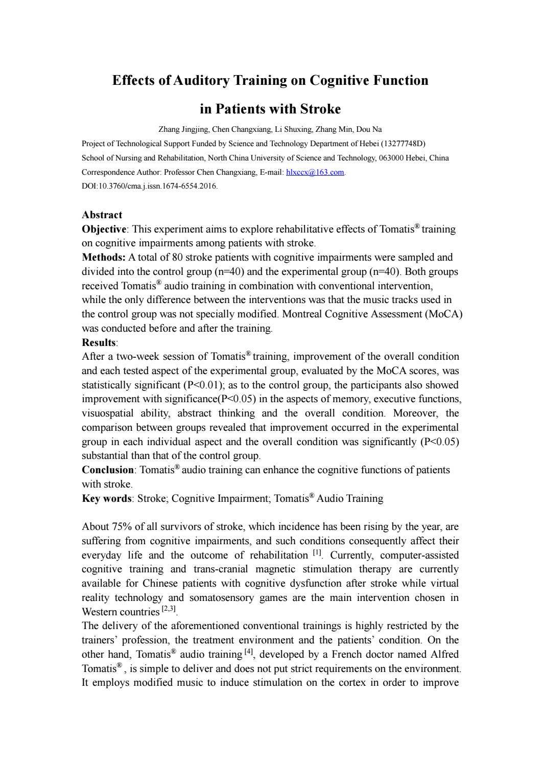 Effects of auditory training on cognitive function in patients with ...