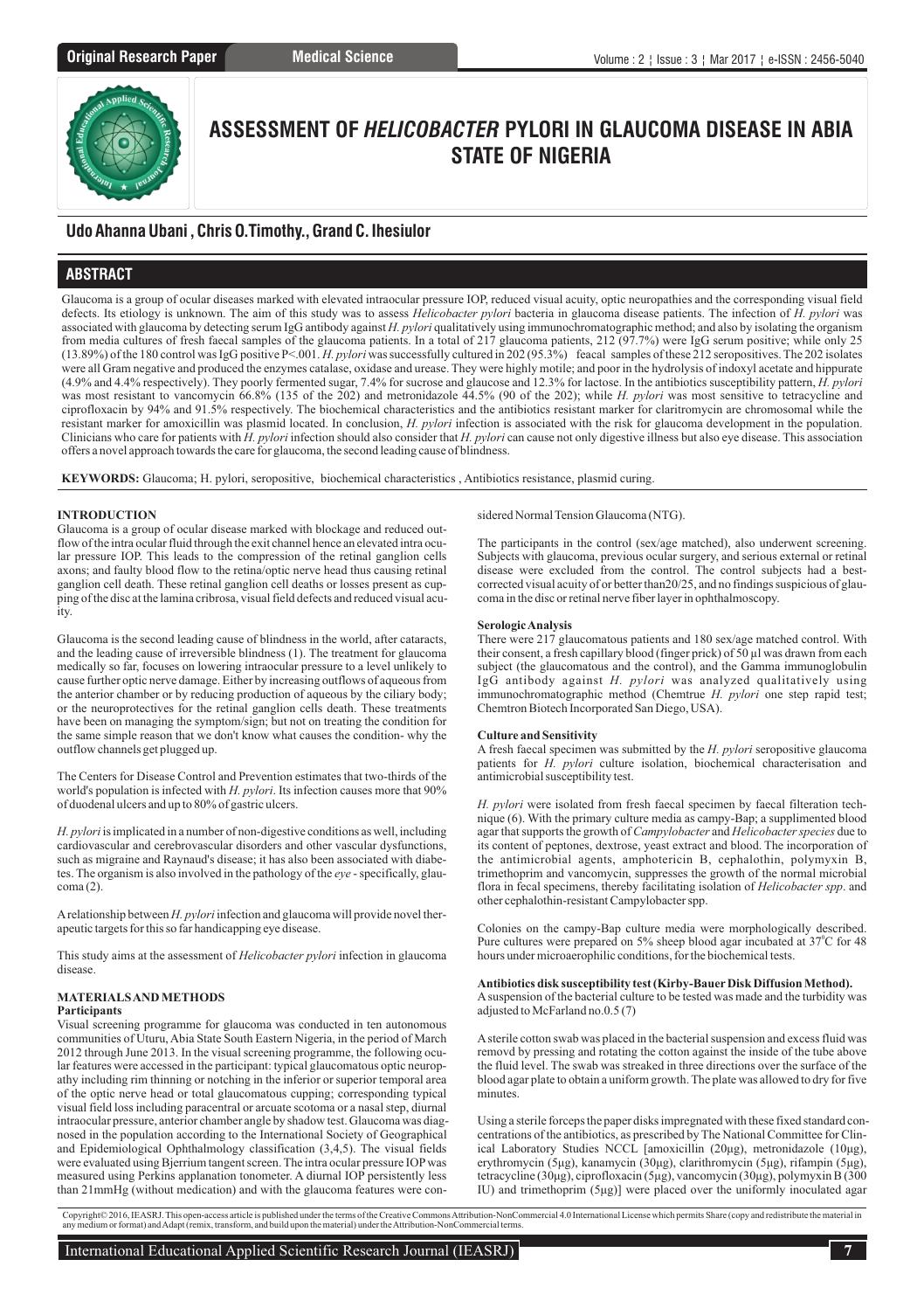 Assessment Of Helicobacter Pylori In Glaucoma Disease In Abia