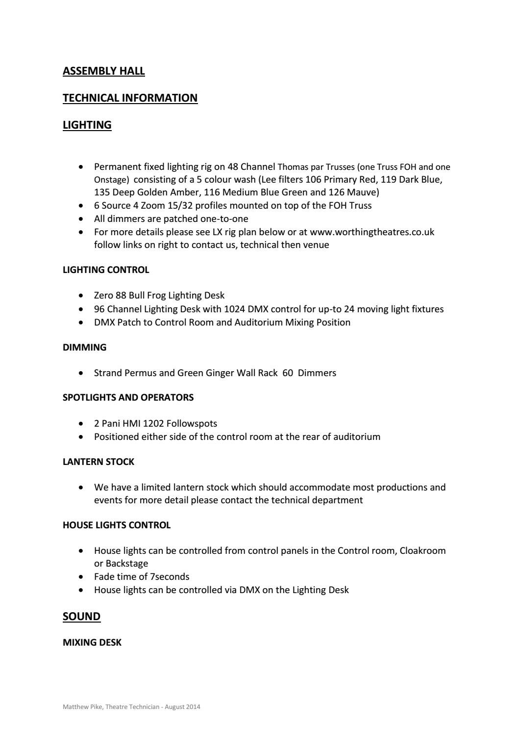 Assembly Hall Technical Information Stage Plan Floor Plan By