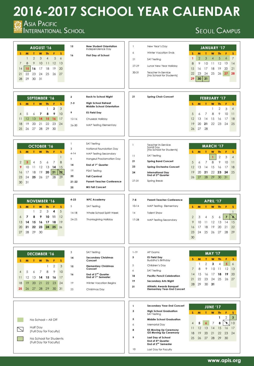 2016 2017 School Year Calendar Seoul 20170419 By Asia Pacific