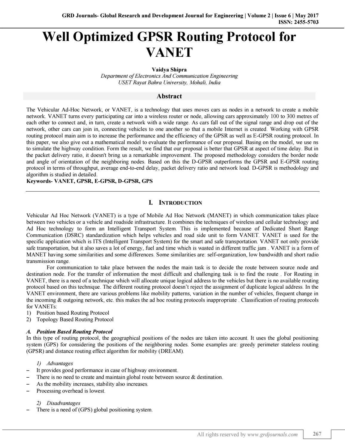 Well Optimized GPSR Routing Protocol for VANET by GRD Journals - Issuu