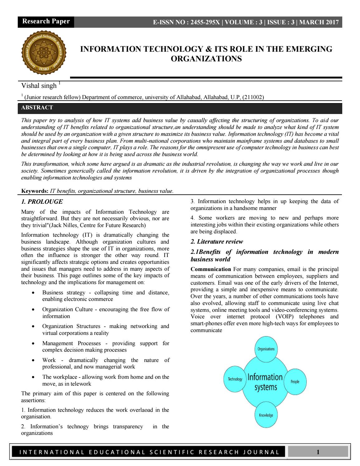 INFORMATION TECHNOLOGY & ITS ROLE IN THE EMERGING ORGANIZATIONS by