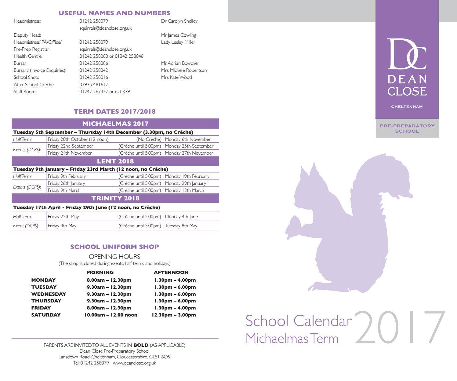 Pre prep calendar michaelmas term 2017 by Dean Close School - Issuu
