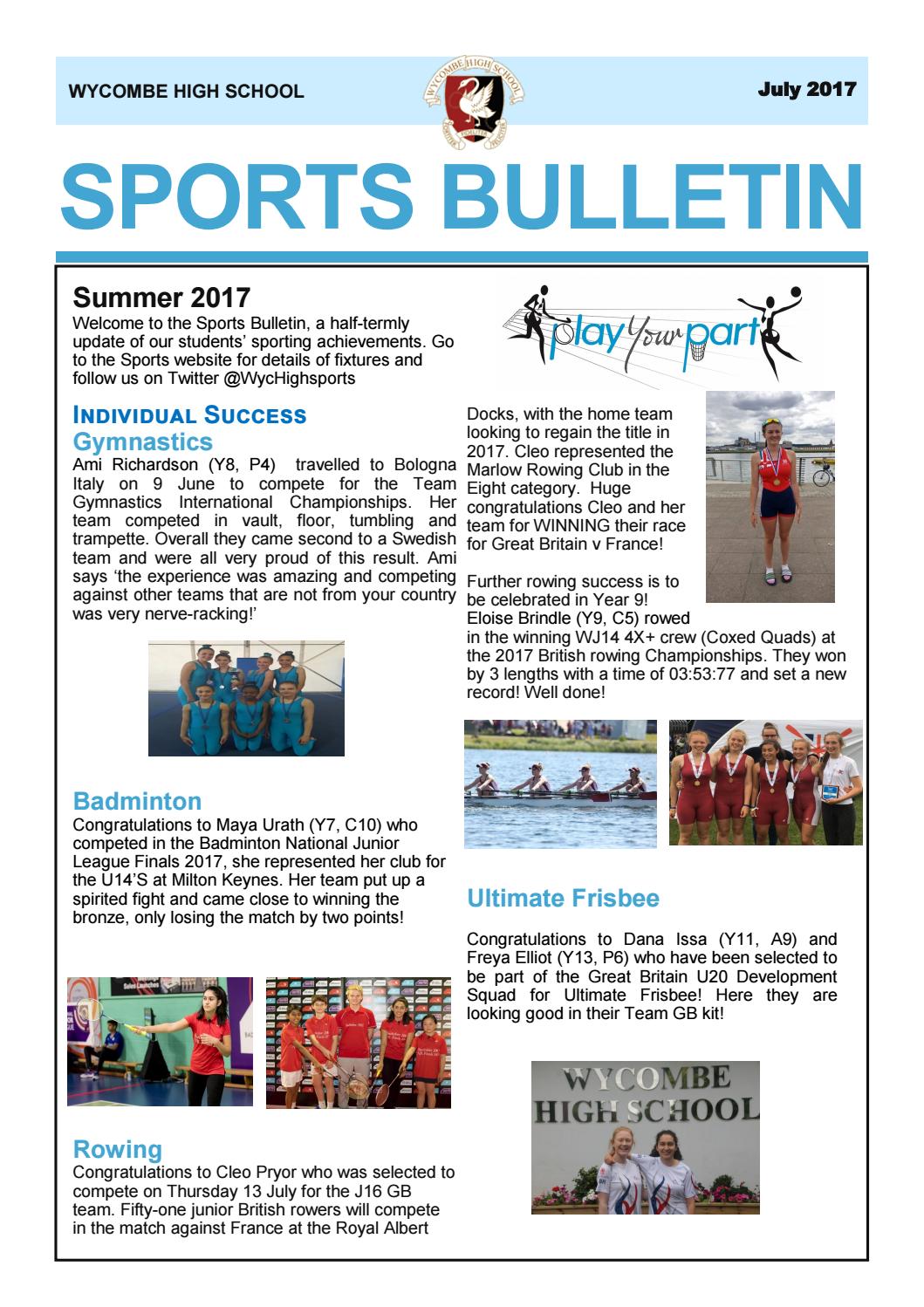 Sports bulletin july 2017 by High School Issuu