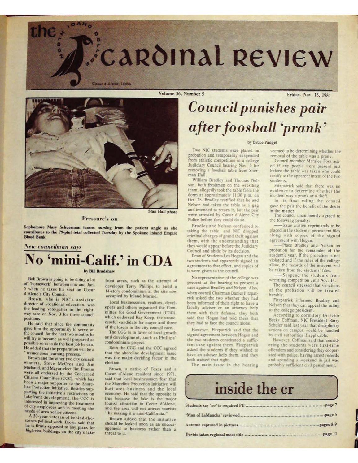 North Idaho College Cardinal Review Vol 36 No 5, Nov 13, 1981 by ...
