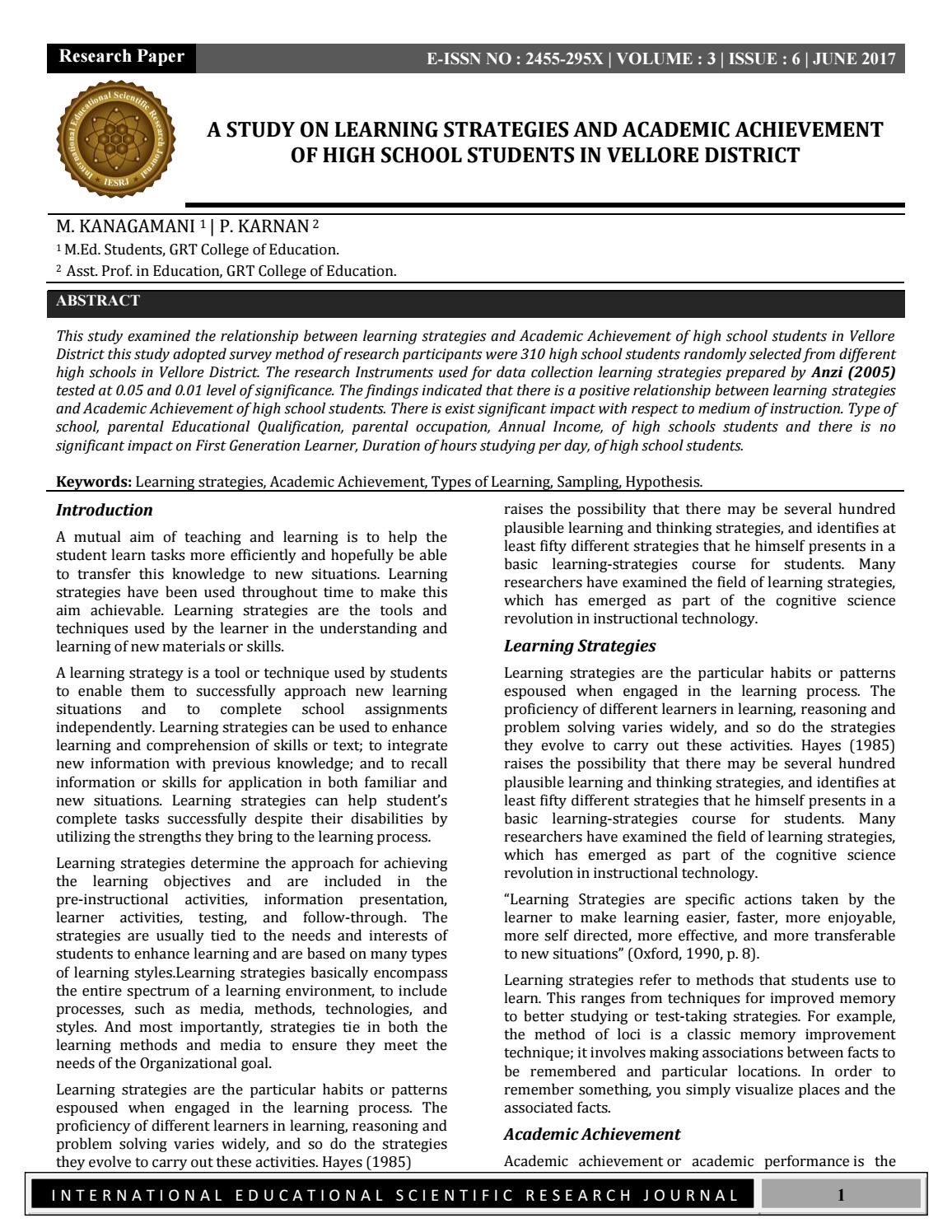 A STUDY ON LEARNING STRATEGIES AND ACADEMIC ACHIEVEMENT OF HIGH SCHOOL