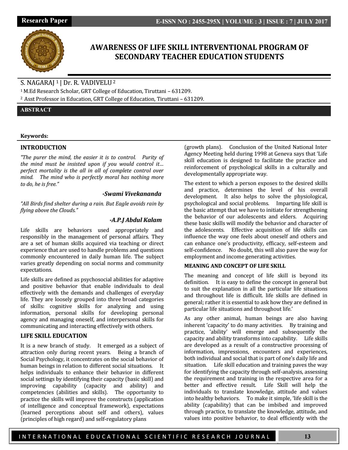 AWARENESS OF LIFE SKILL INTERVENTIONAL PROGRAM OF SECONDARY TEACHER