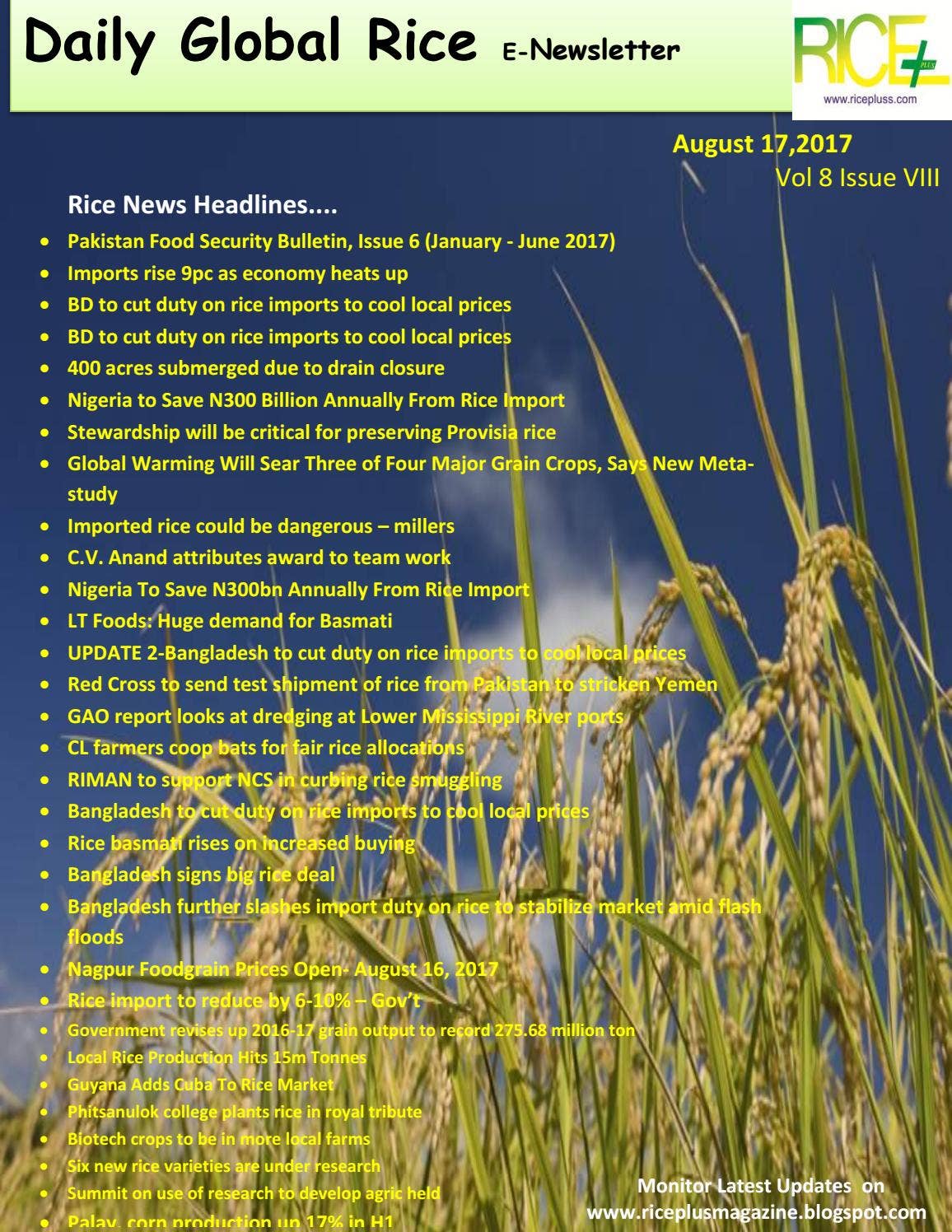News About Rice 17th august,2017 daily global regional local rice e newsletter by DAILY ...