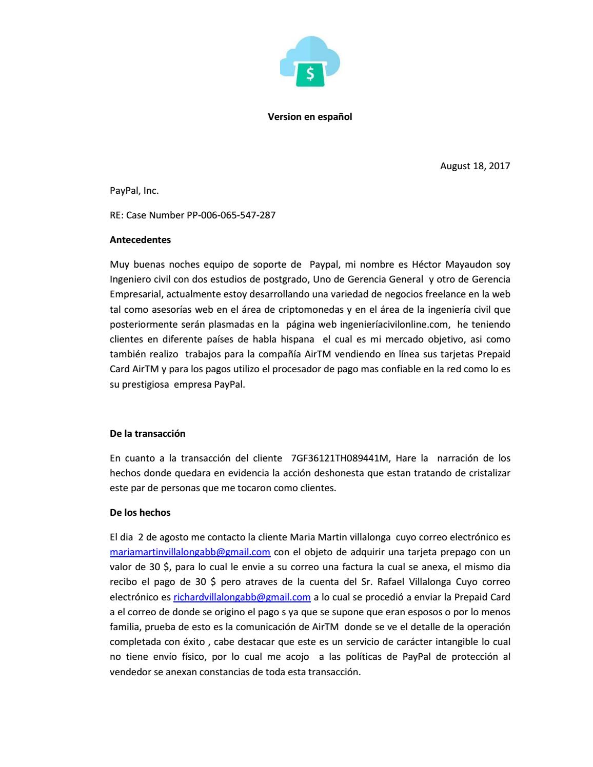 Carta explicativa PayPal con documentos de respaldos by 