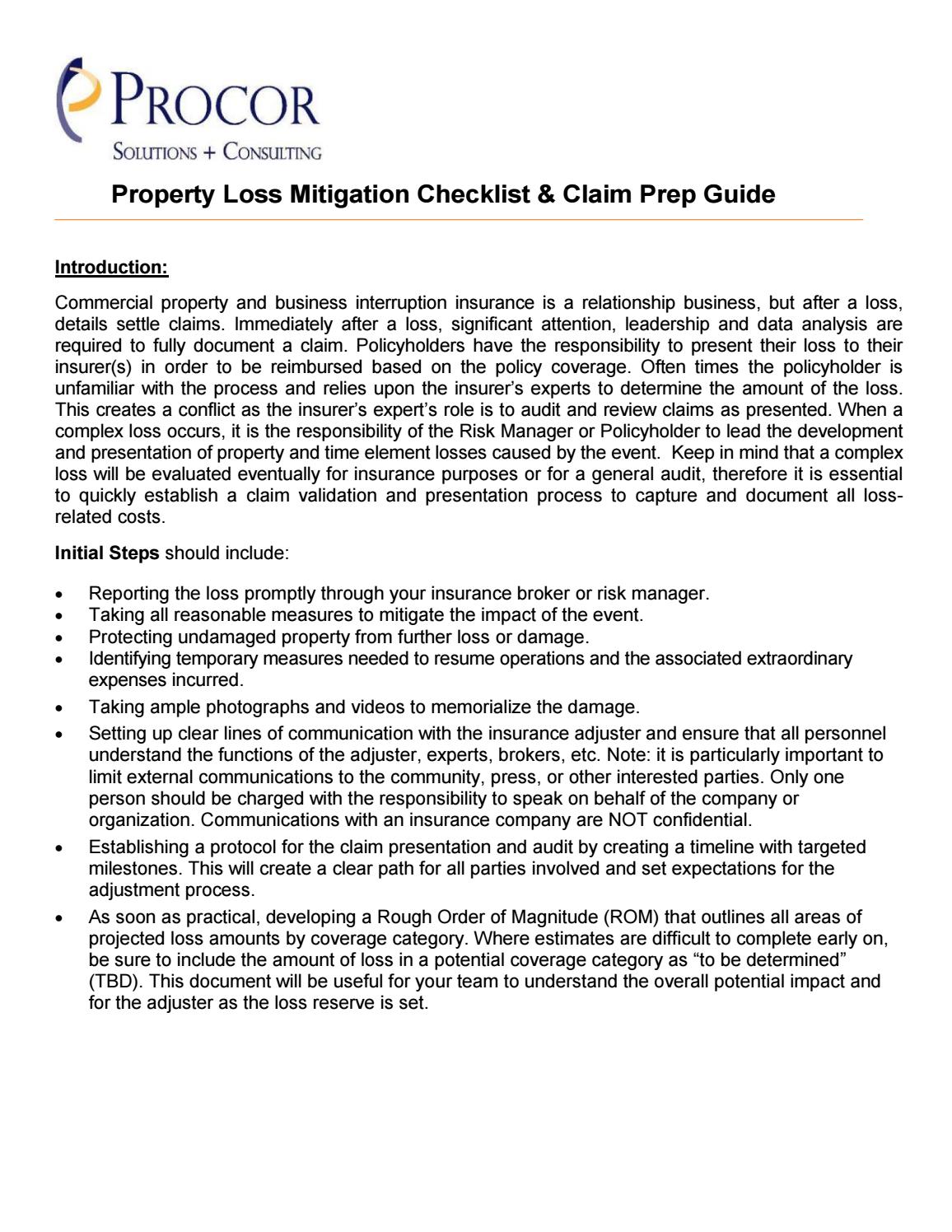 Procor Property Loss Mitigation Checklist by Procor Solutions