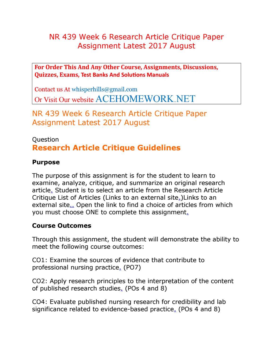 Nr 439 week 6 research article critique paper assignment latest 2017 august by lanadavid - Issuu