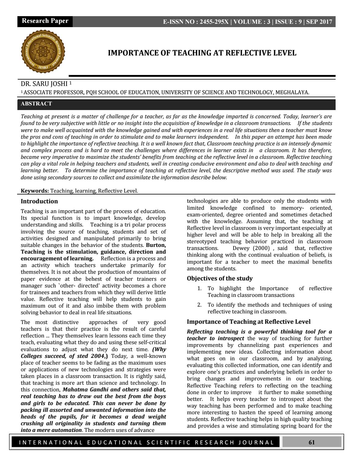 IMPORTANCE OF TEACHING AT REFLECTIVE LEVEL by International Educational
