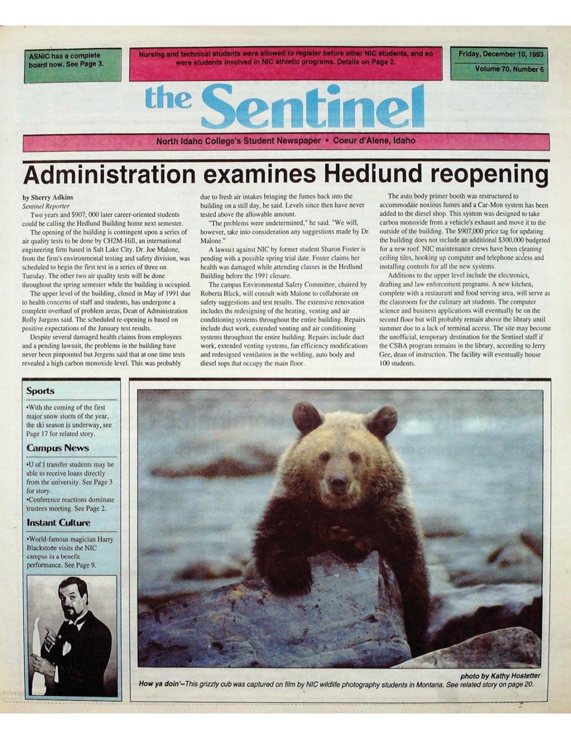 The North Idaho College Sentinel Vol 70 No 6, Dec 10, 1993 by 