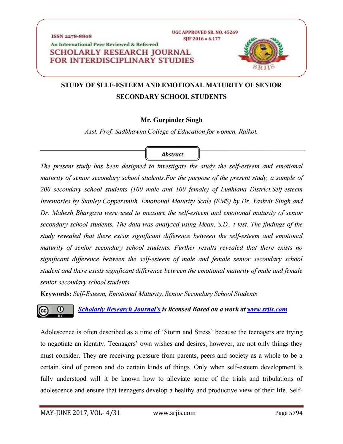 STUDY OF SELF-ESTEEM AND EMOTIONAL MATURITY OF SENIOR SECONDARY SCHOOL ...