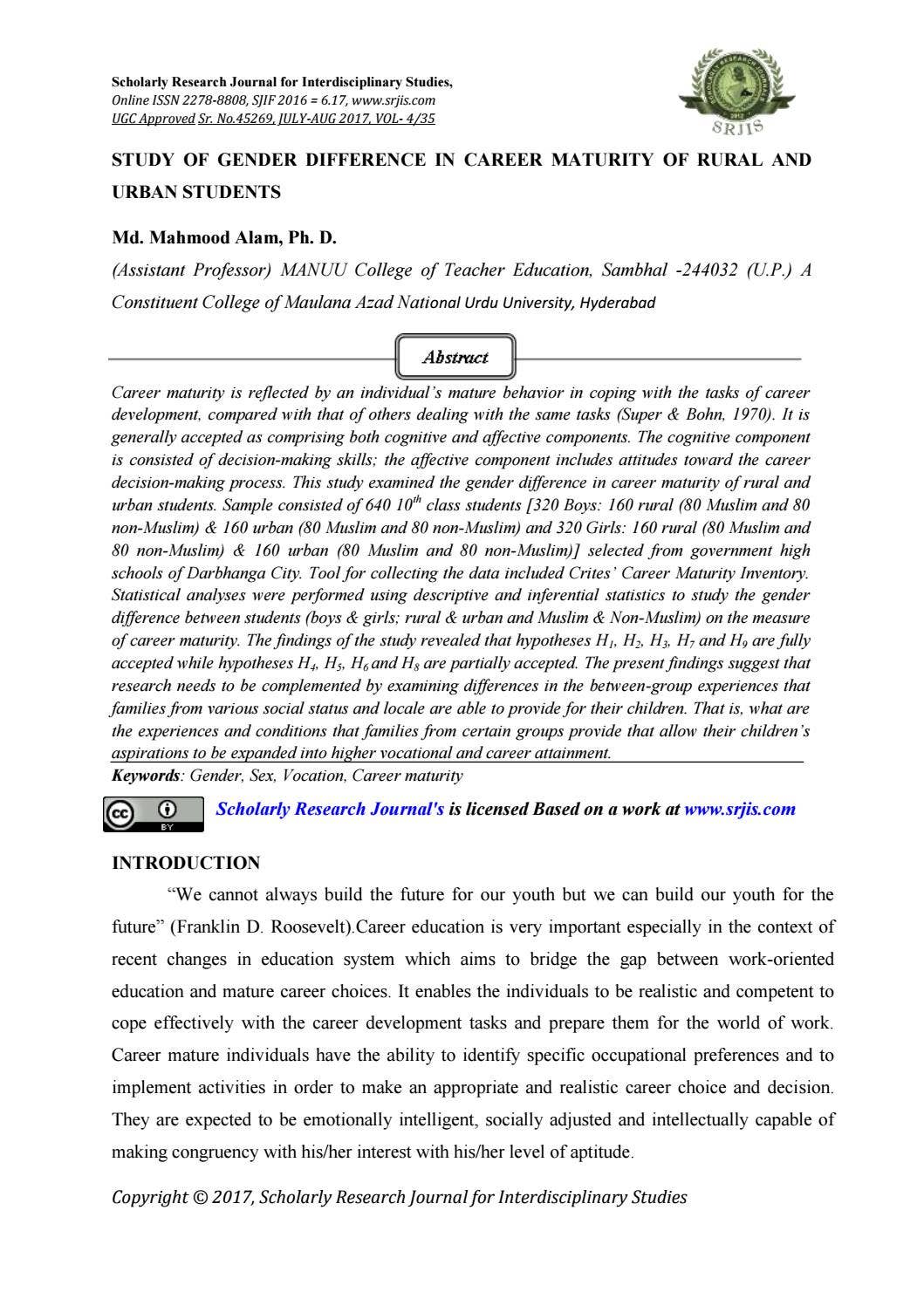 STUDY OF GENDER DIFFERENCE IN CAREER MATURITY OF RURAL AND URBAN ...