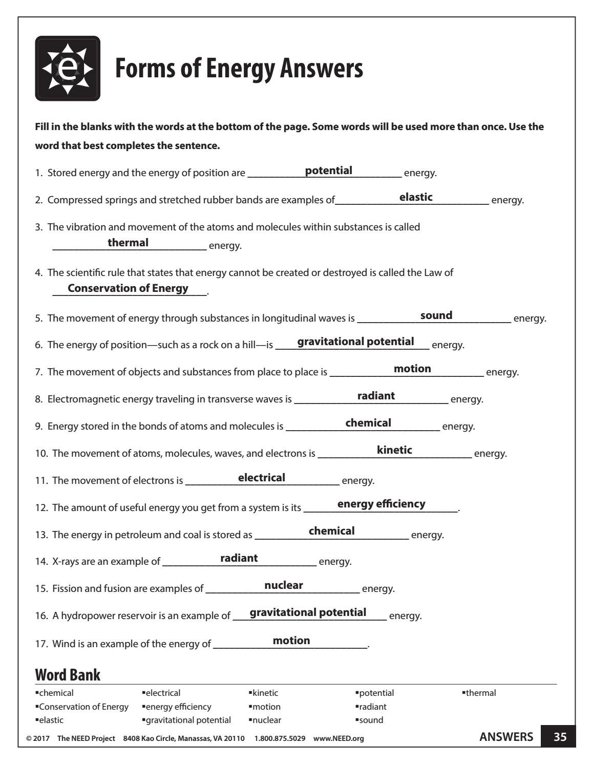 Types Of Energy Worksheet