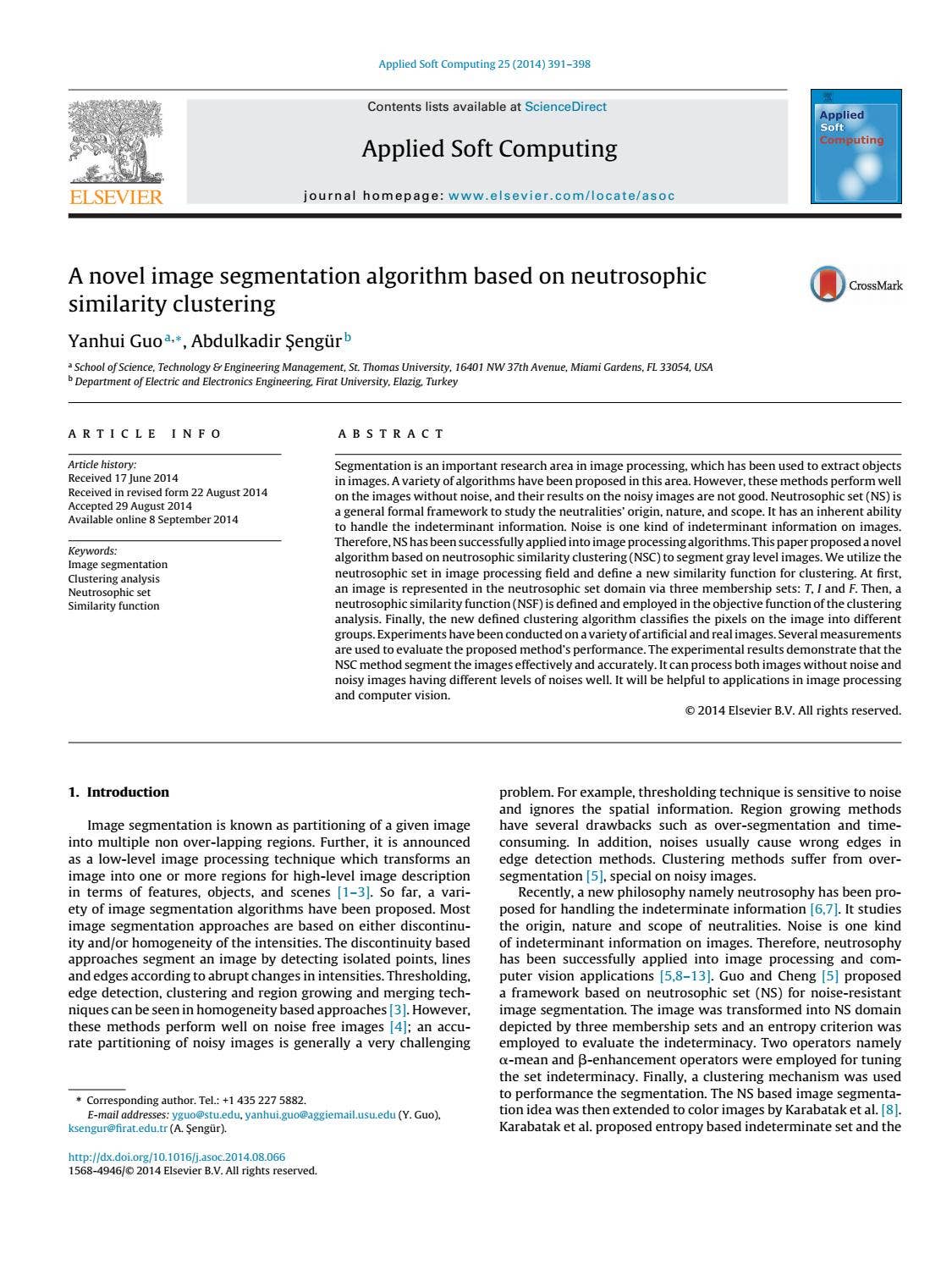 A novel image segmentation algorithm based on neutrosophicsimilarity ...