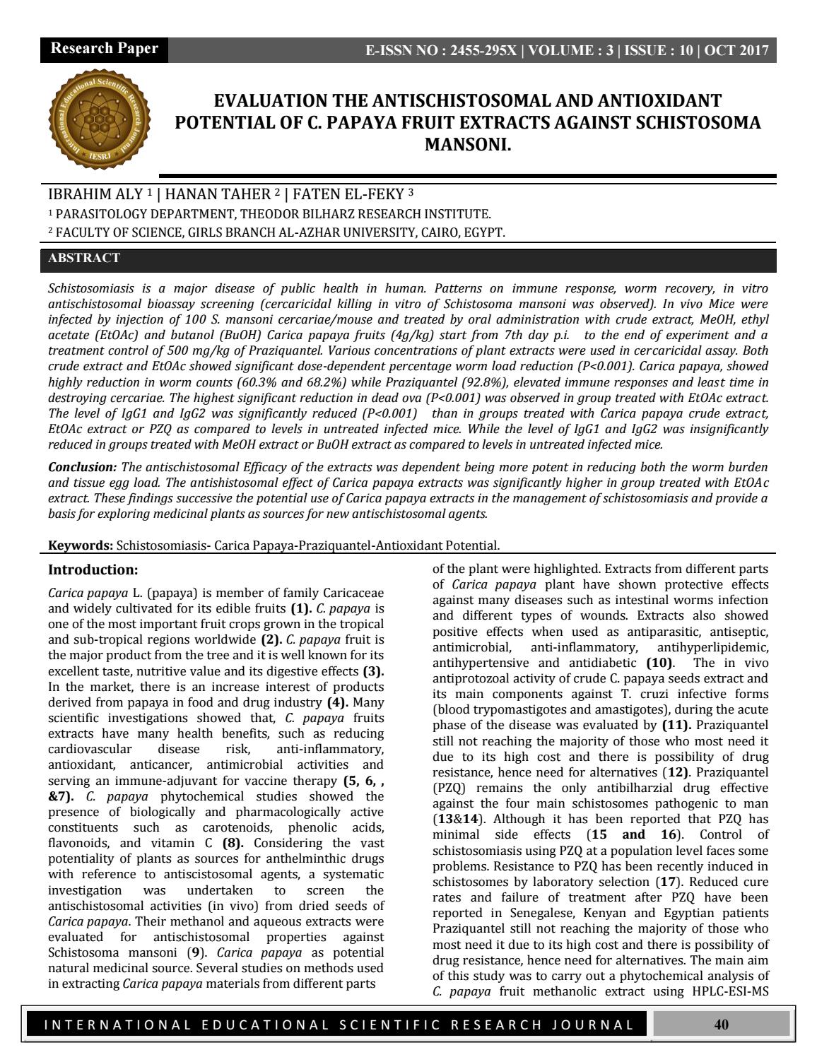 EVALUATION THE ANTISCHISTOSOMAL AND ANTIOXIDANT POTENTIAL OF C. PAPAYA