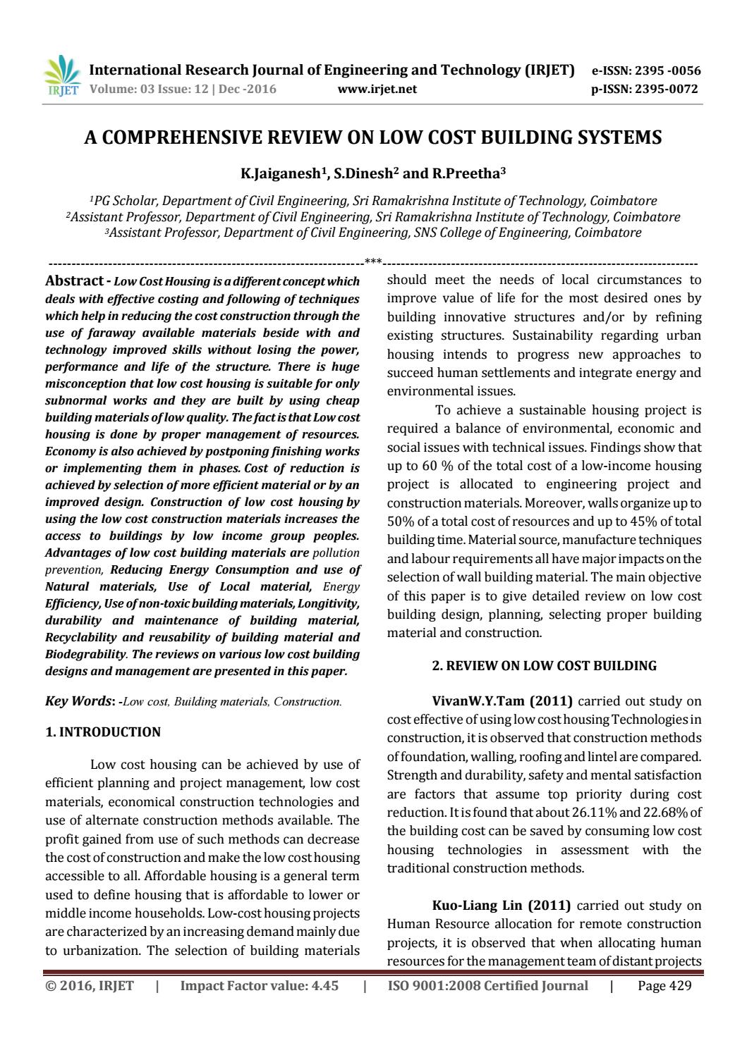 A Comprehensive Review On Low Cost Building Systems By Irjet Journal A Comprehensive Review On Low Cost Building Systems By Irjet Journal Issuu