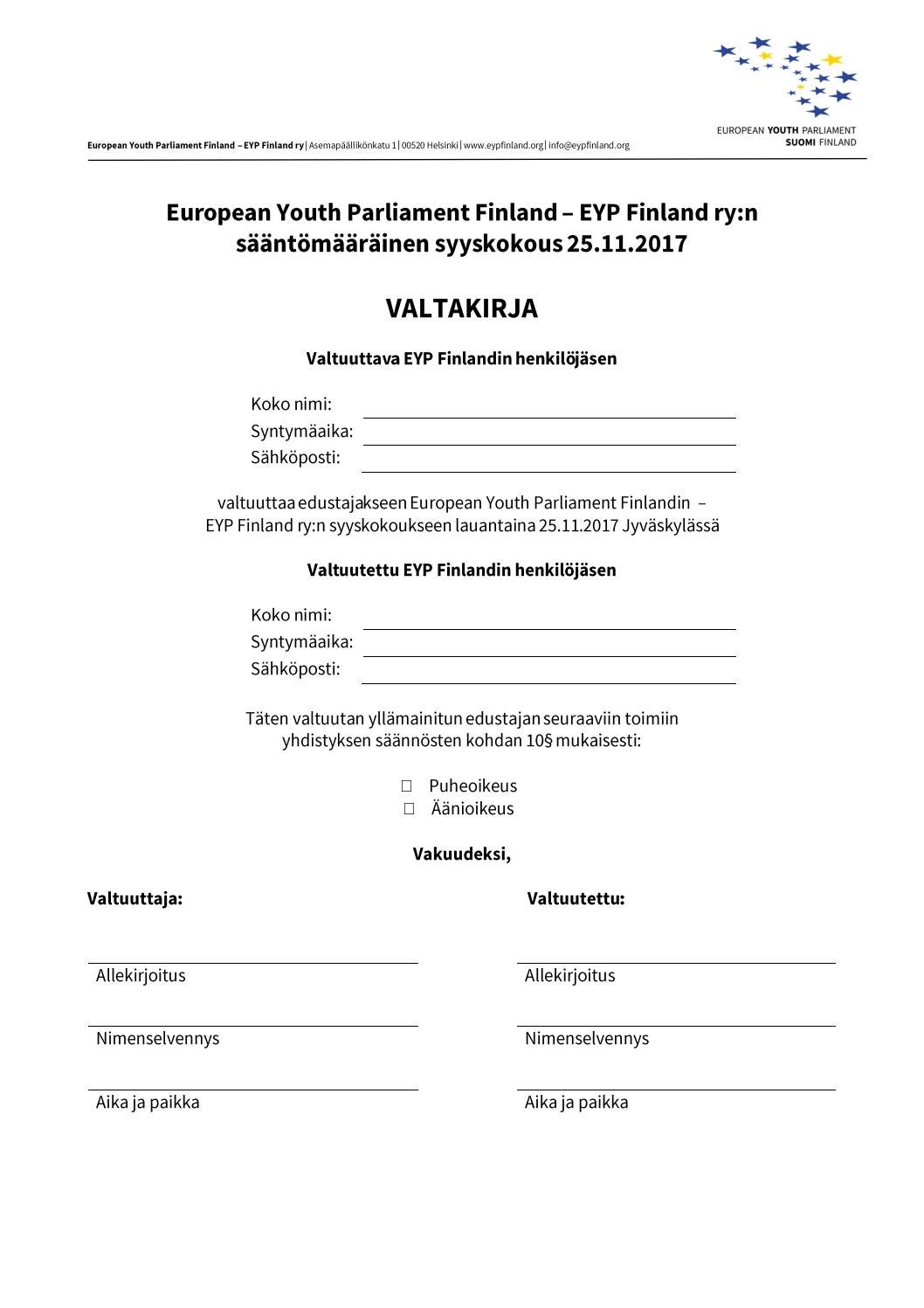 Valtakirja Syyskokoukseen EYP Finlandin J senille By EYP Finland Issuu