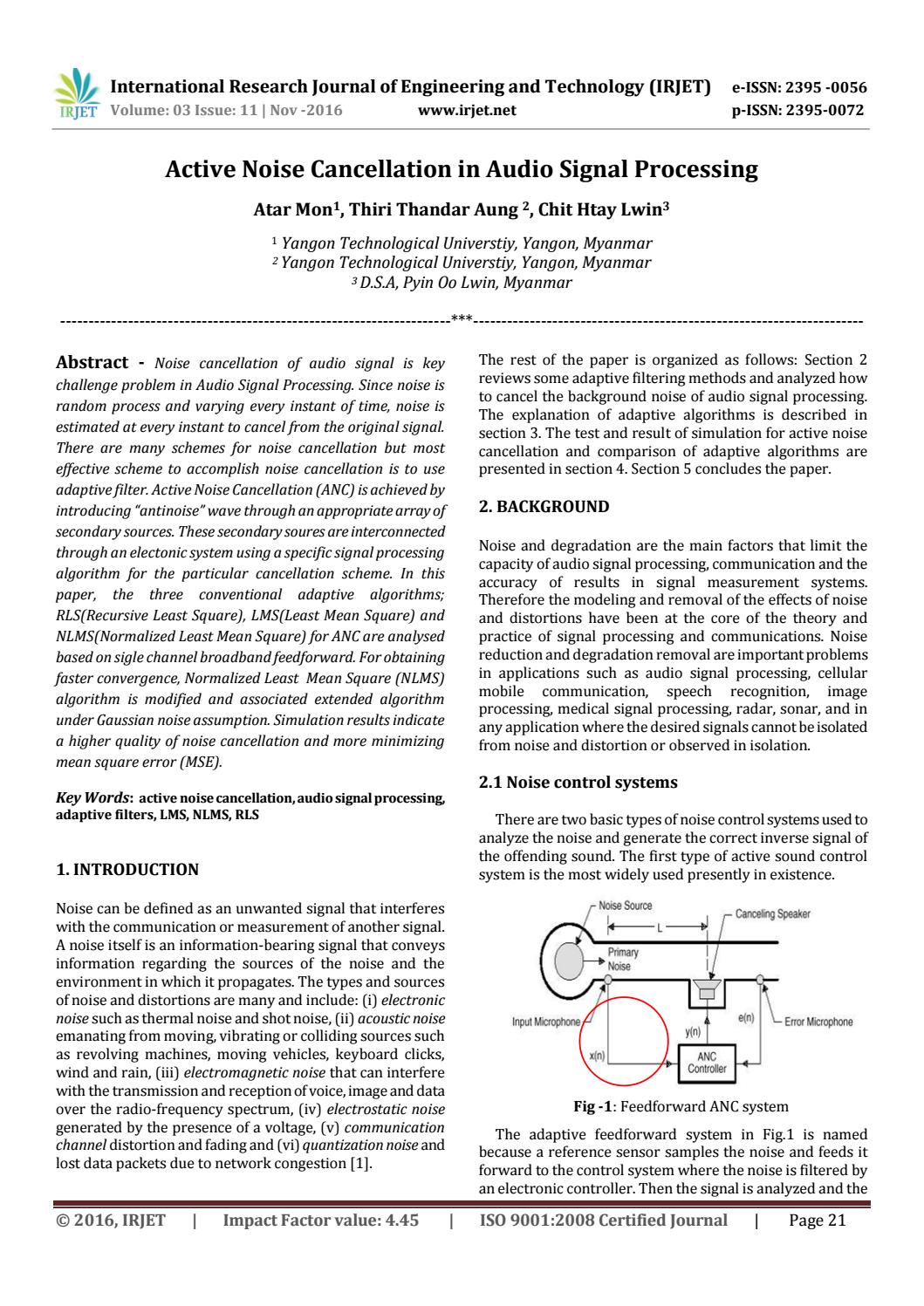 Active Noise Cancellation in Audio Signal Processing by IRJET Journal