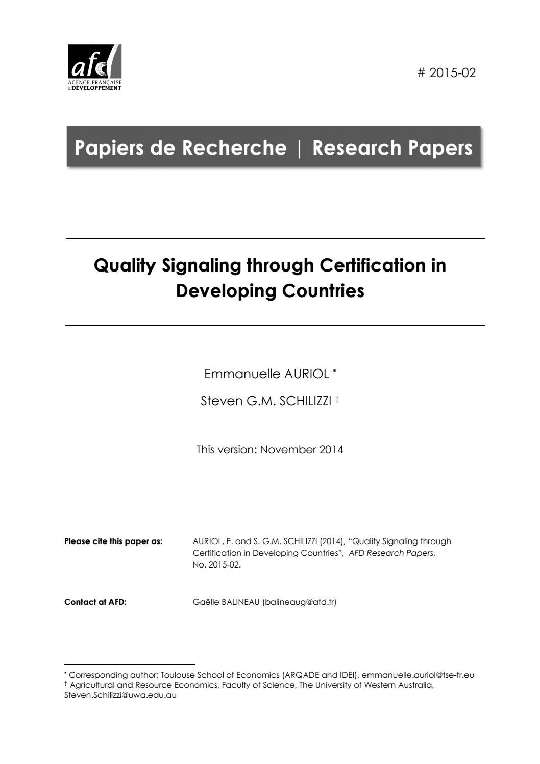 Quality Signaling Through Certification In Develog Countries Agence Francaise De Developpement Issuu