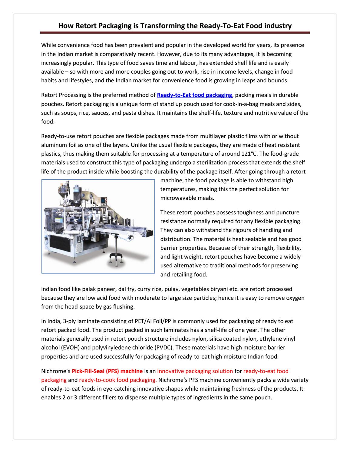 How retort packaging is transforming the ready to eat food industry by