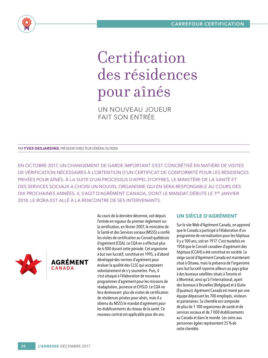 Règlement Sur La Certification Des Résidences Privées Pour Aînés