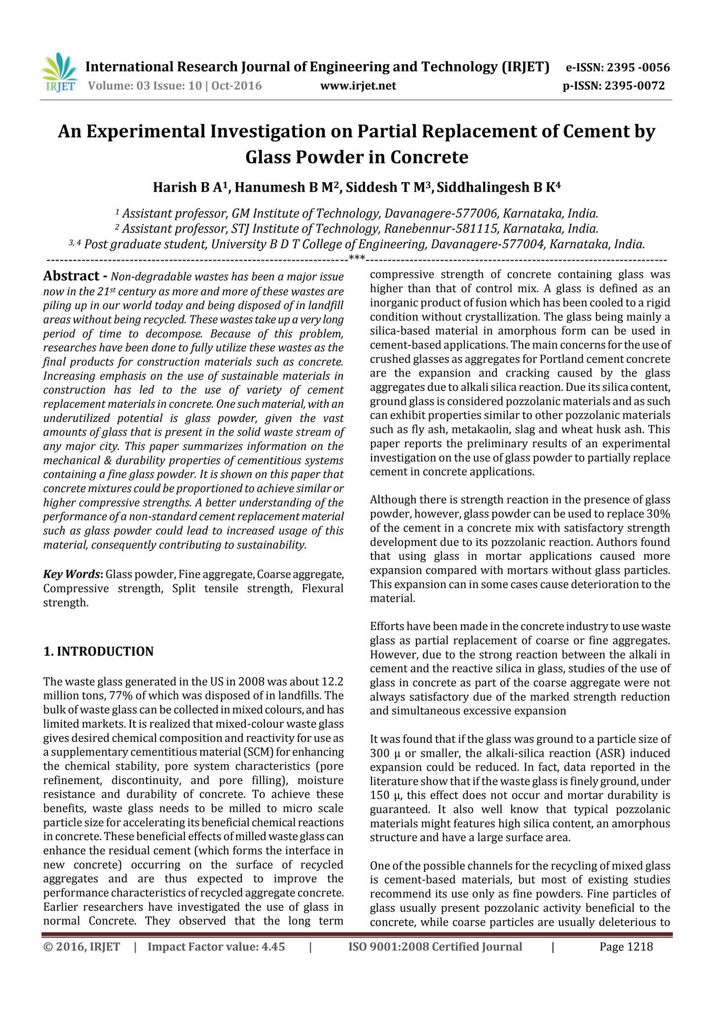 An Experimental Investigation on Partial Replacement of Cement by Glass ...