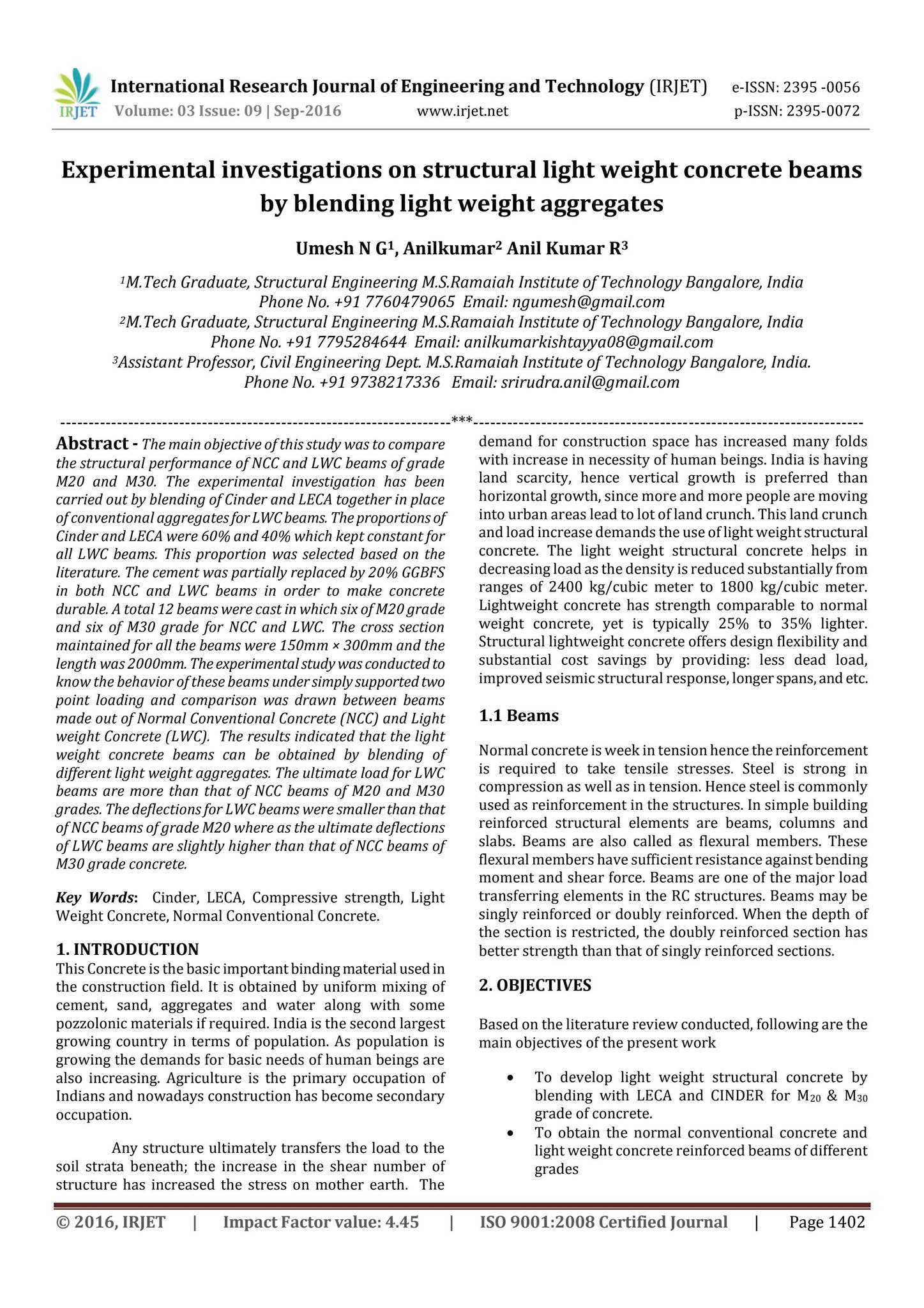 Experimental investigations on structural light weight concrete beams ...