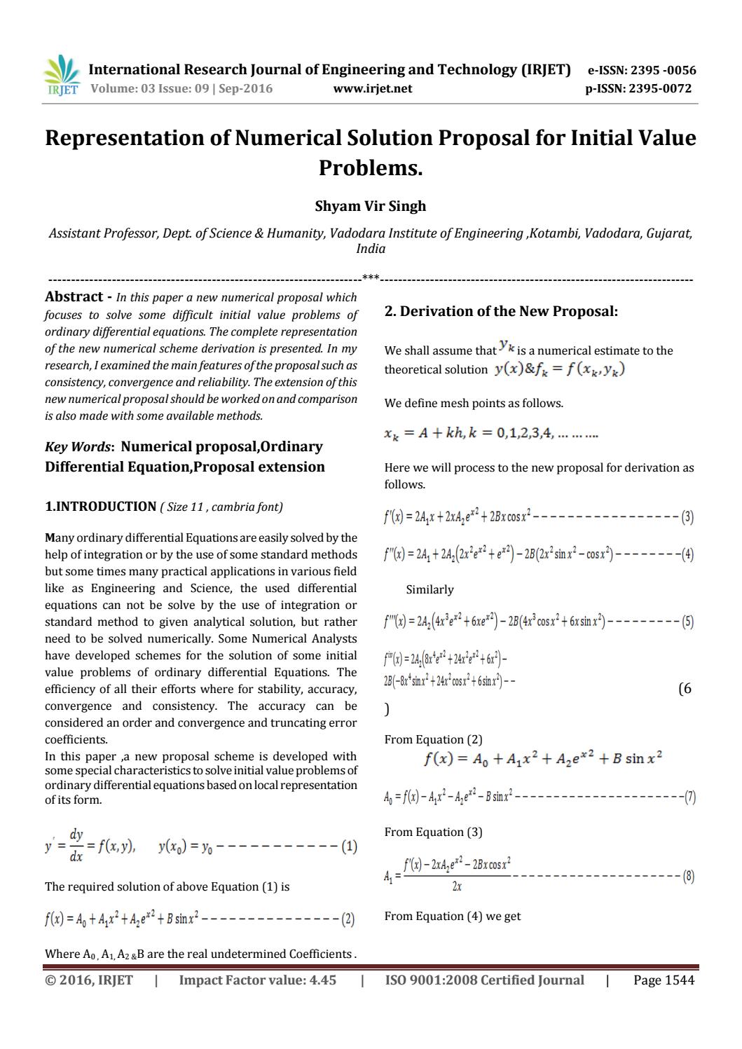 Representation of Numerical Solution Proposal for Initial Value ...