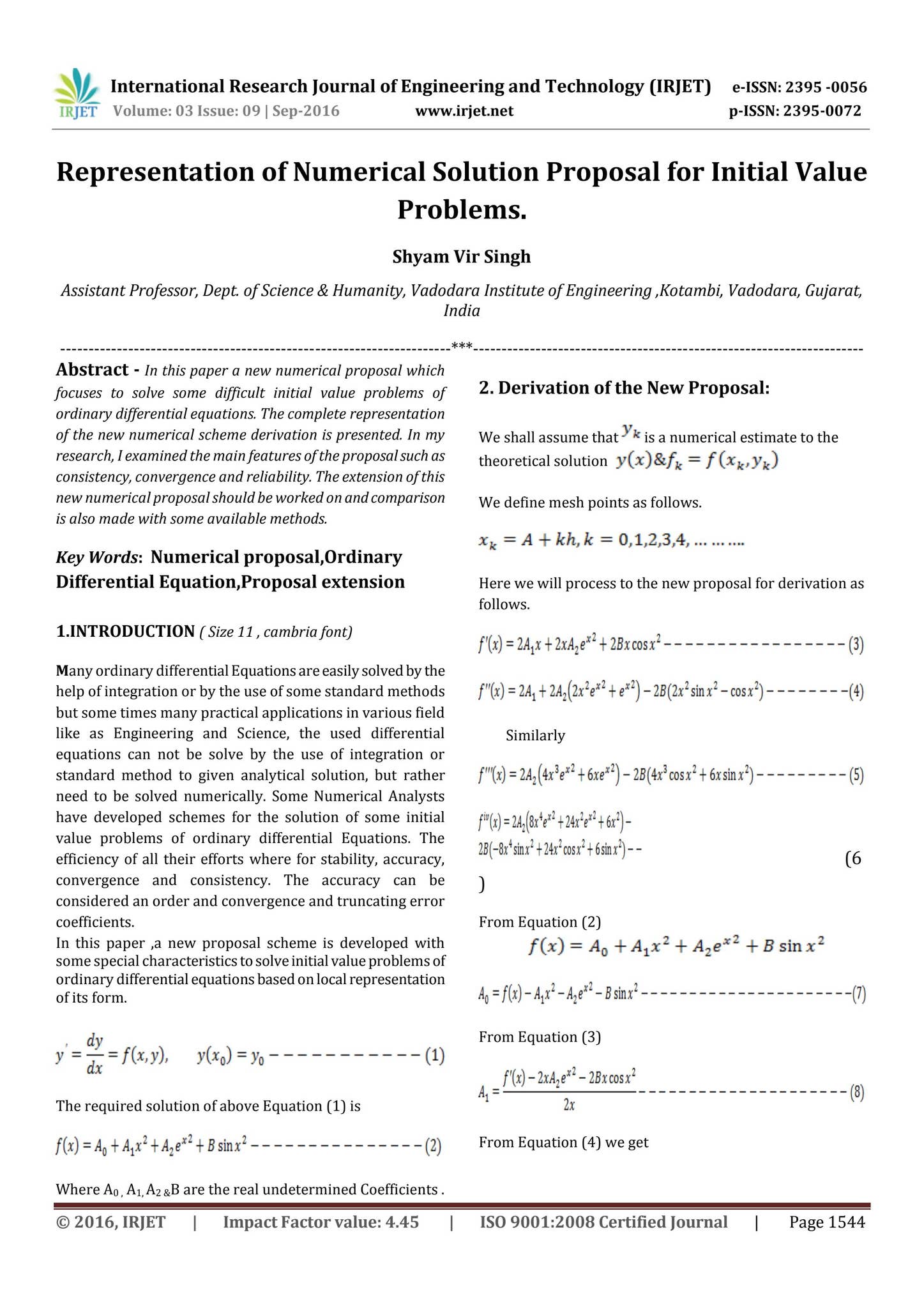 Representation of Numerical Solution Proposal for Initial Value ...