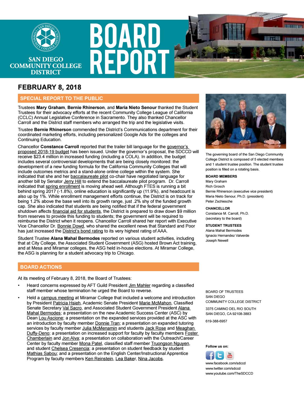 Board Report February 8, 2018 by San Diego Community College District