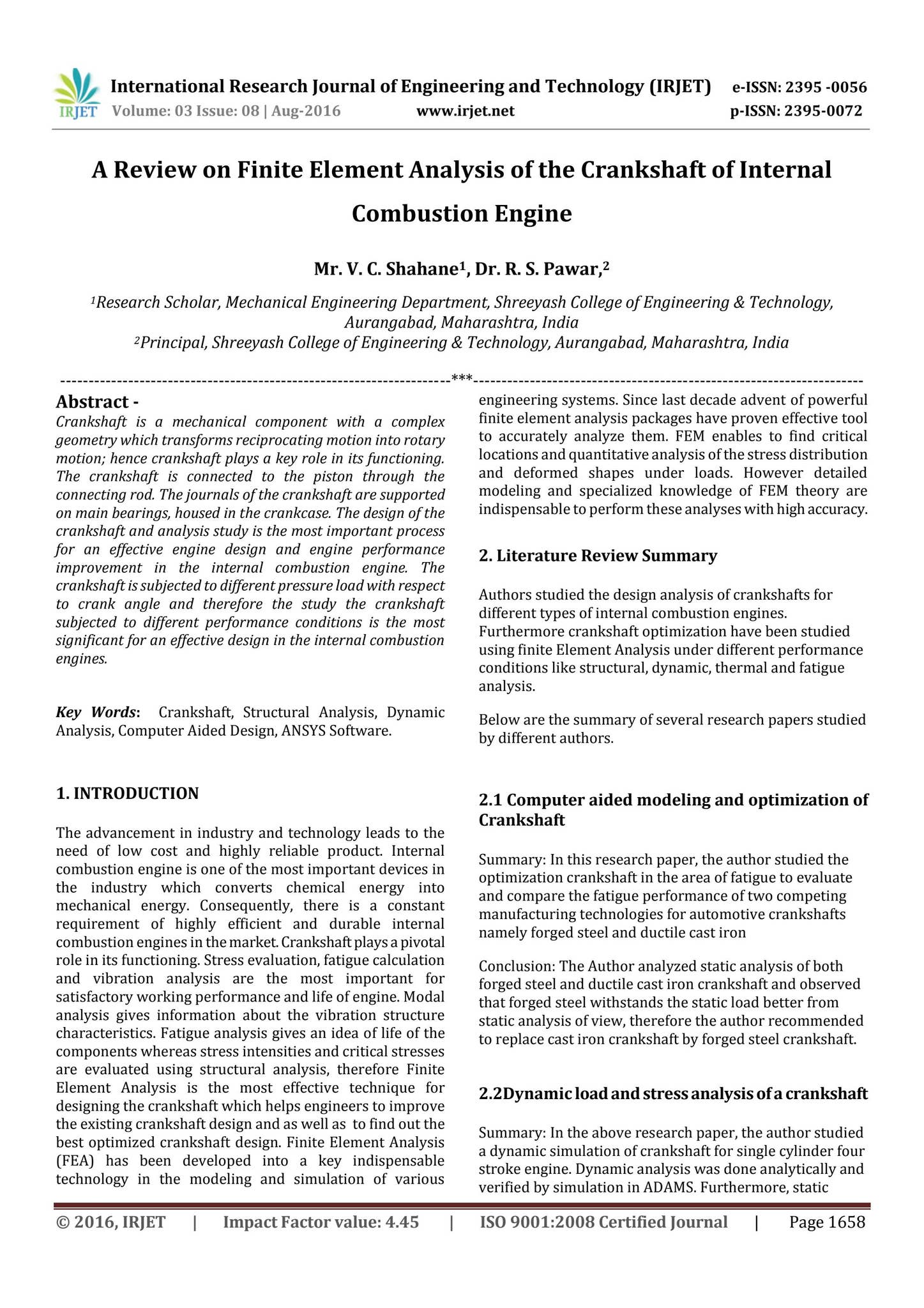 IRJET-A Review on Finite Element Analysis of the Crankshaft of Internal ...