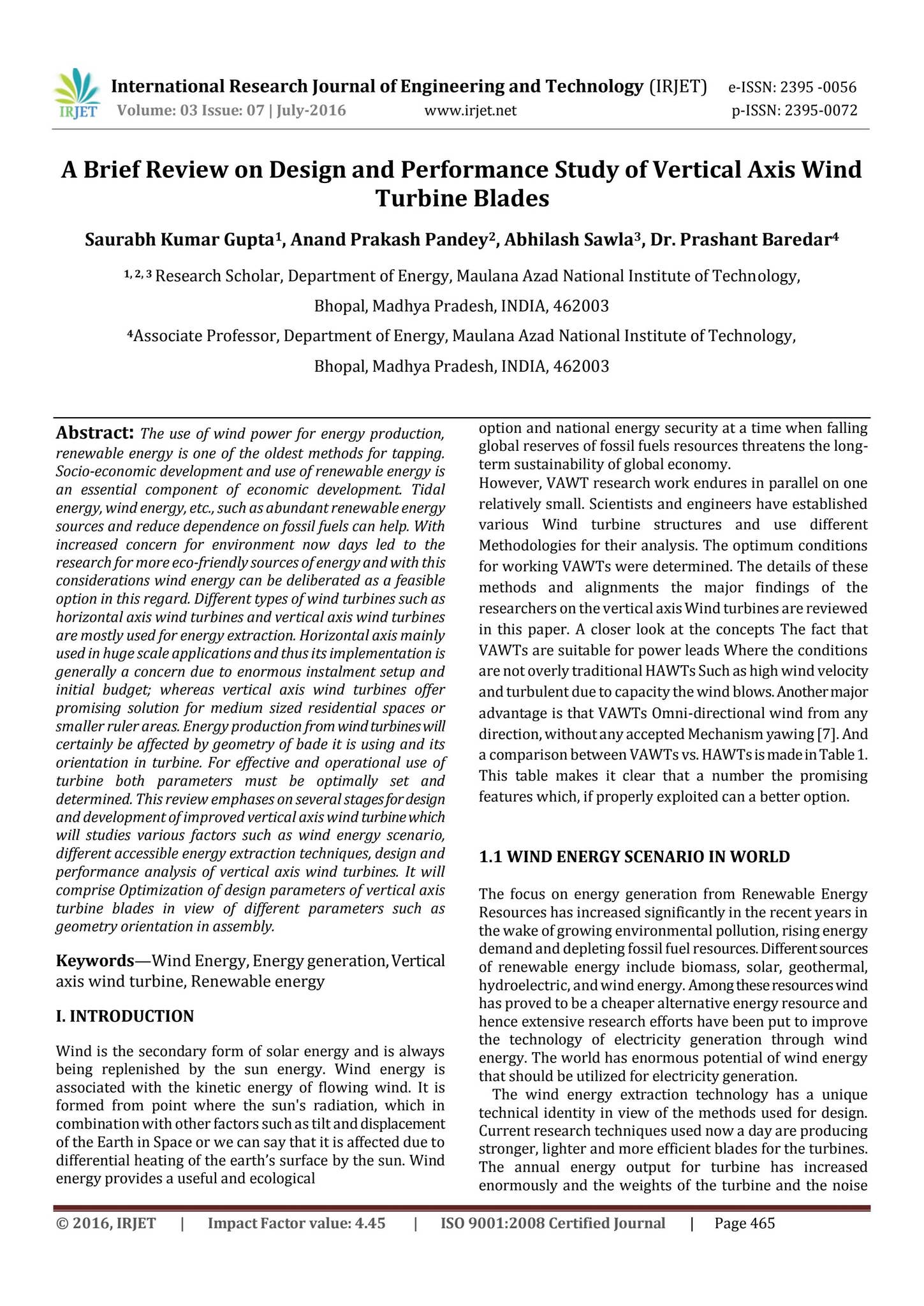 IRJET-A Brief Review on Design and Performance Study of Vertical Axis ...