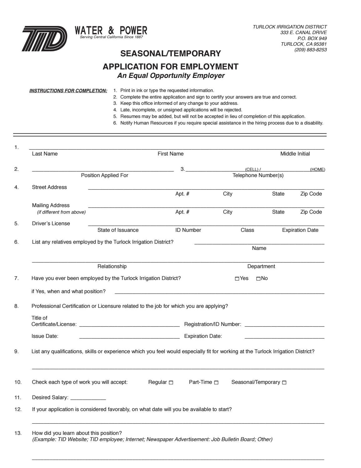 Tid employment application by Turlock Irrigation District Issuu