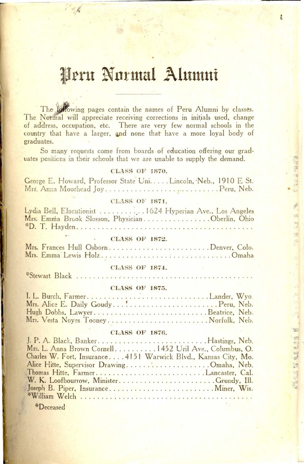 1912 alumni directory for State Normal School of Nebraska Peru by