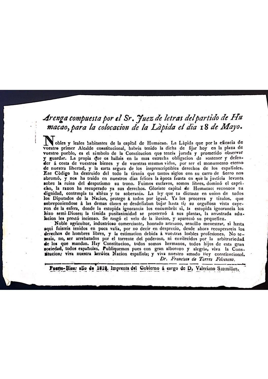 Arenga compuesta por el Sr. Juez de letras del partido de Humacao ...