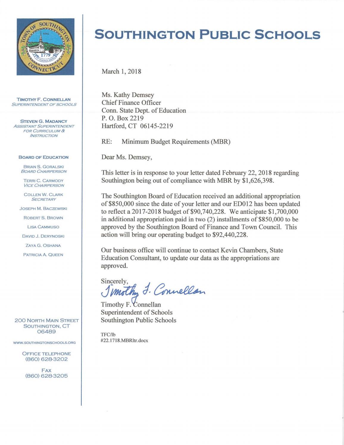 Southington/State correspondence on budget by Record Journal Issuu