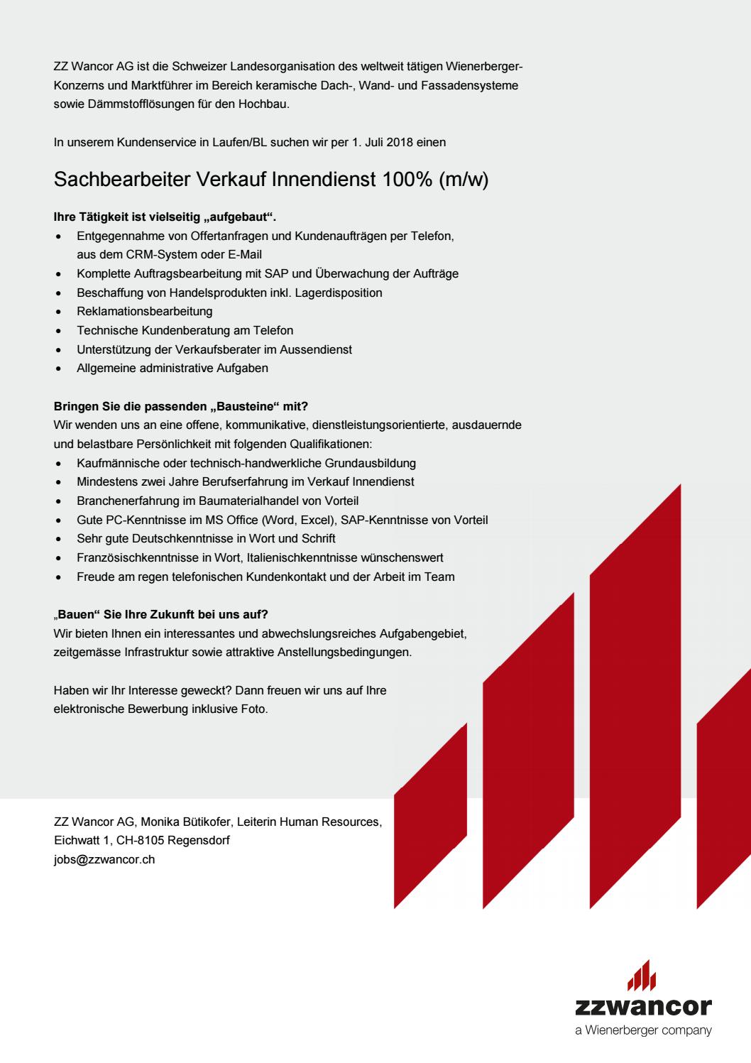 Stelleninserat Sachbearbeiter Verkauf Innendienst 100 M W By Wienerberger Ag Issuu