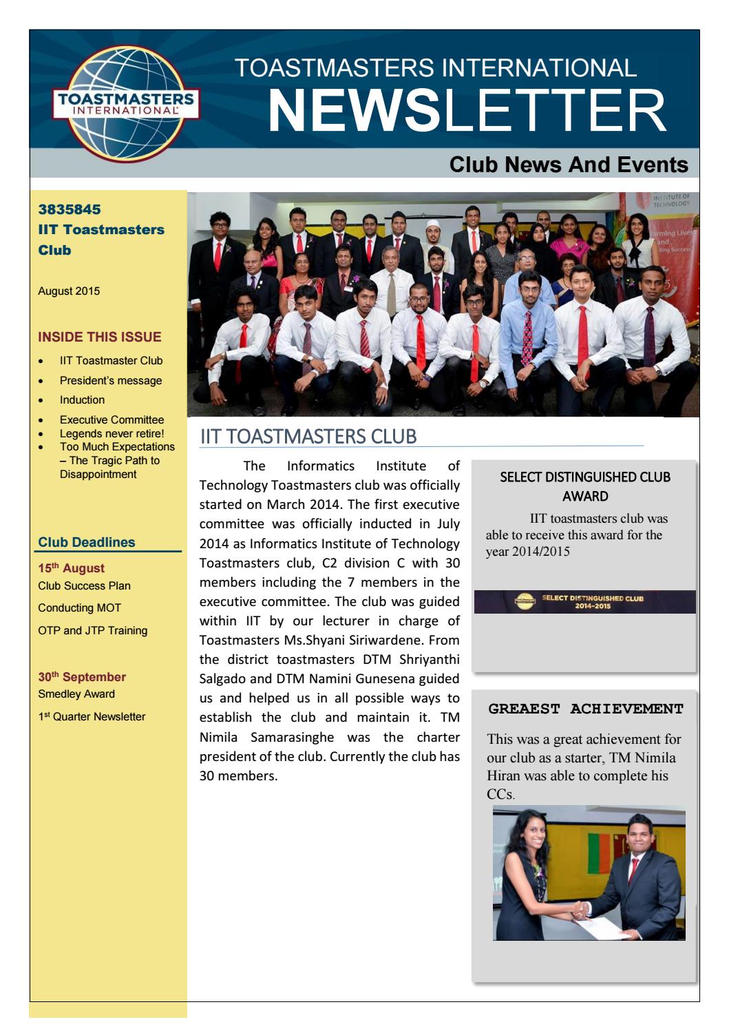 Toastmaster Newsletter Example IITTMC Newsletter - September 2016 Issue 1 by IIT Toastmasters Club - Issuu