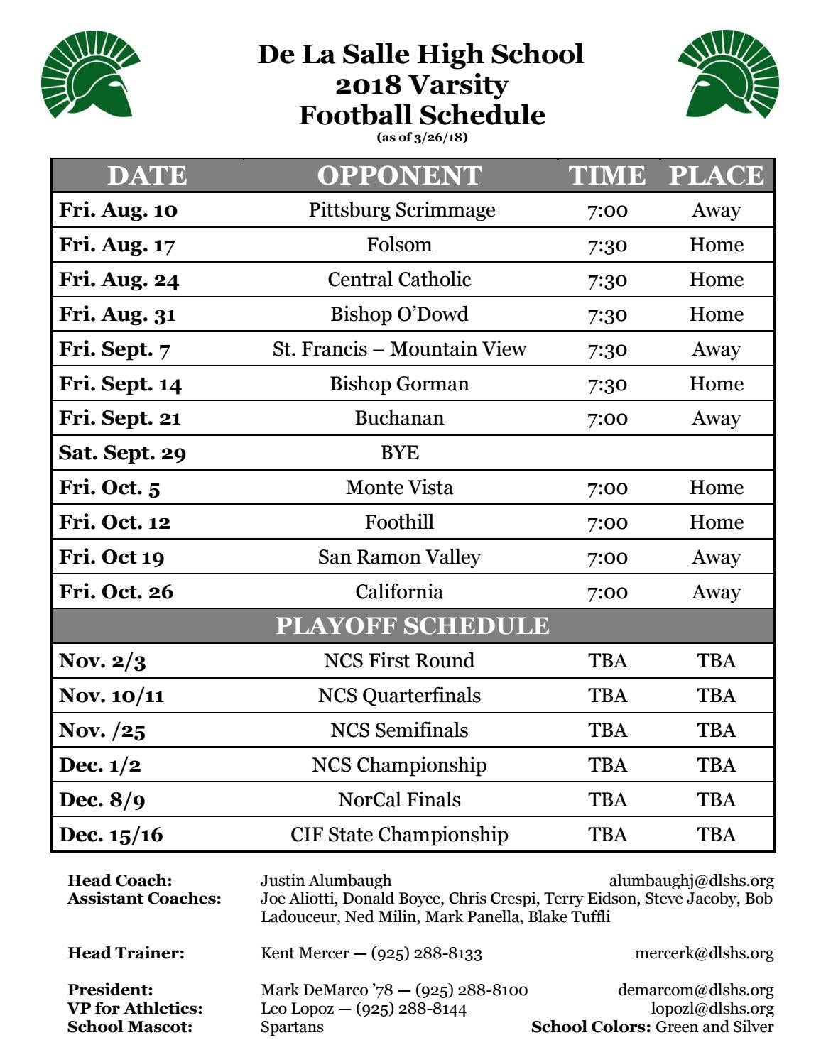 2018 19 De La Salle Football Schedule as Of March 26 2018 By De La 2018 19 De La Salle Football Schedule as Of March 26 2018 By De La