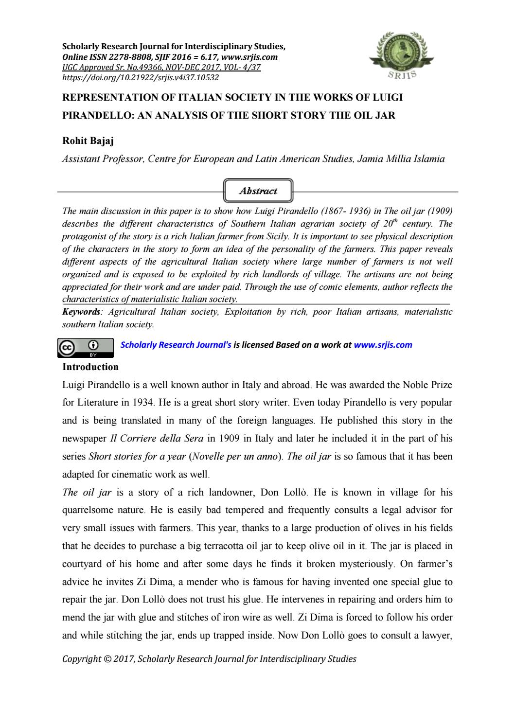 Representation Of Italian Society In The Works Of Luigi Pirandello An Analysis Of The Short Story T Scholarly Research Journal S Issuu
