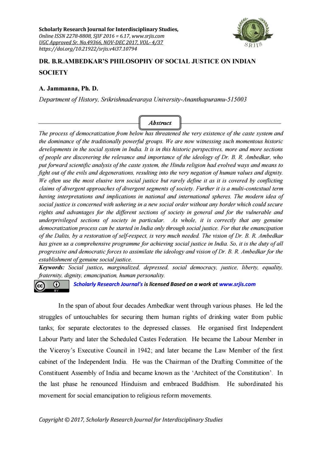 DR. B.R.AMBEDKAR’S PHILOSOPHY OF SOCIAL JUSTICE ON INDIAN SOCIETY by ...
