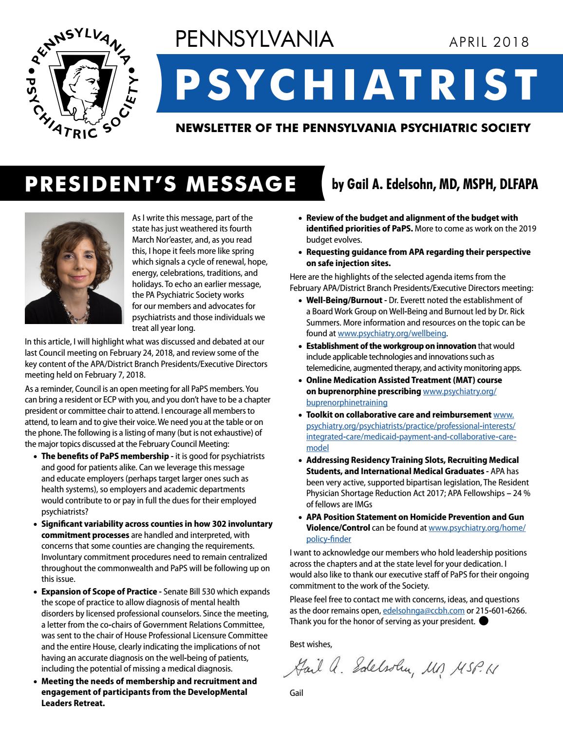 Pennsylvania Psychiatrist April 2018 by TEAM Issuu