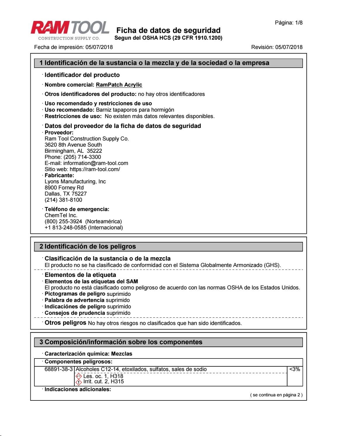 RamPatch Acrylic SDS Spanish by Ram Tool Construction Supply Co. Issuu