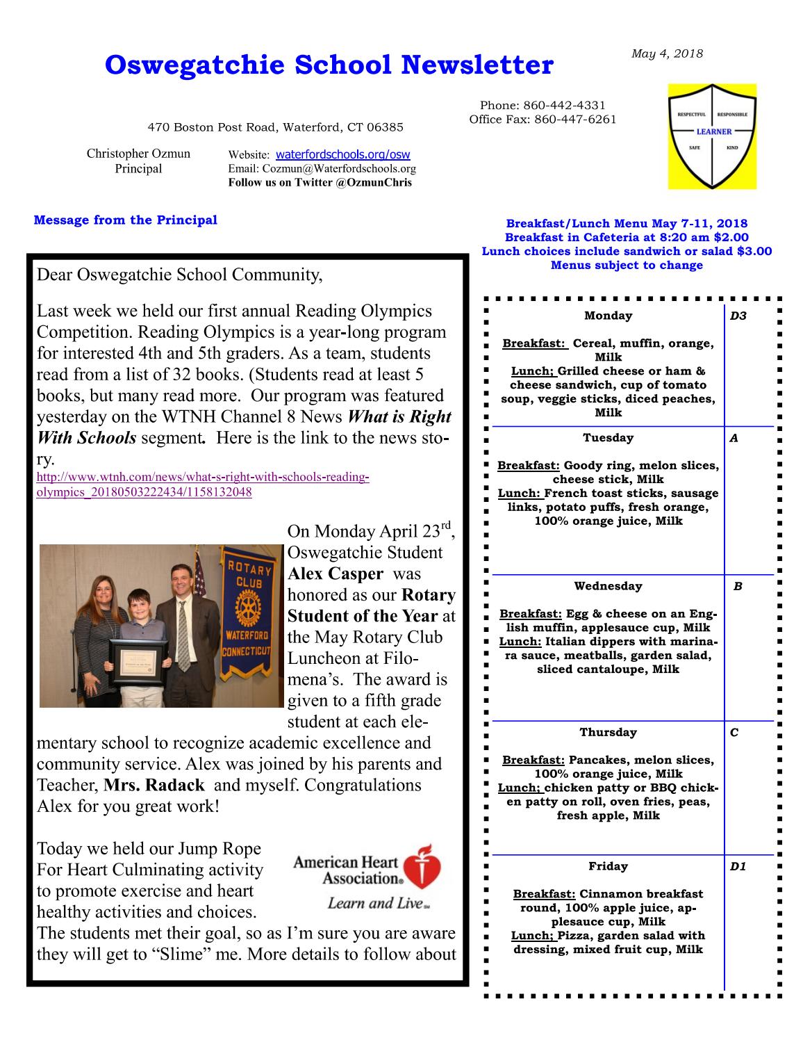 Oswegatchie Elementary School Newsletter May 4, 2018 by Waterford