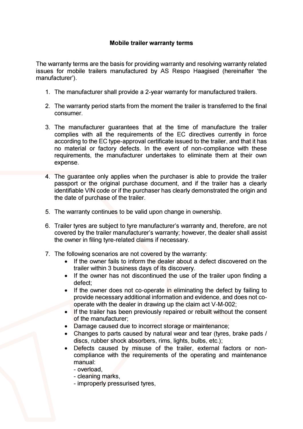 Mobile trailer warranty terms by RespoTrailers Issuu