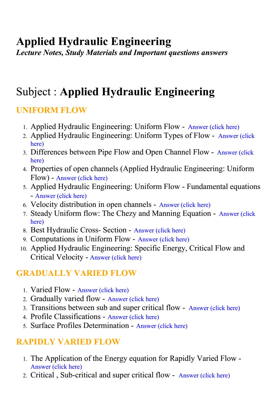 Applied hydraulic engineering Lecture Notes, Study Materials and