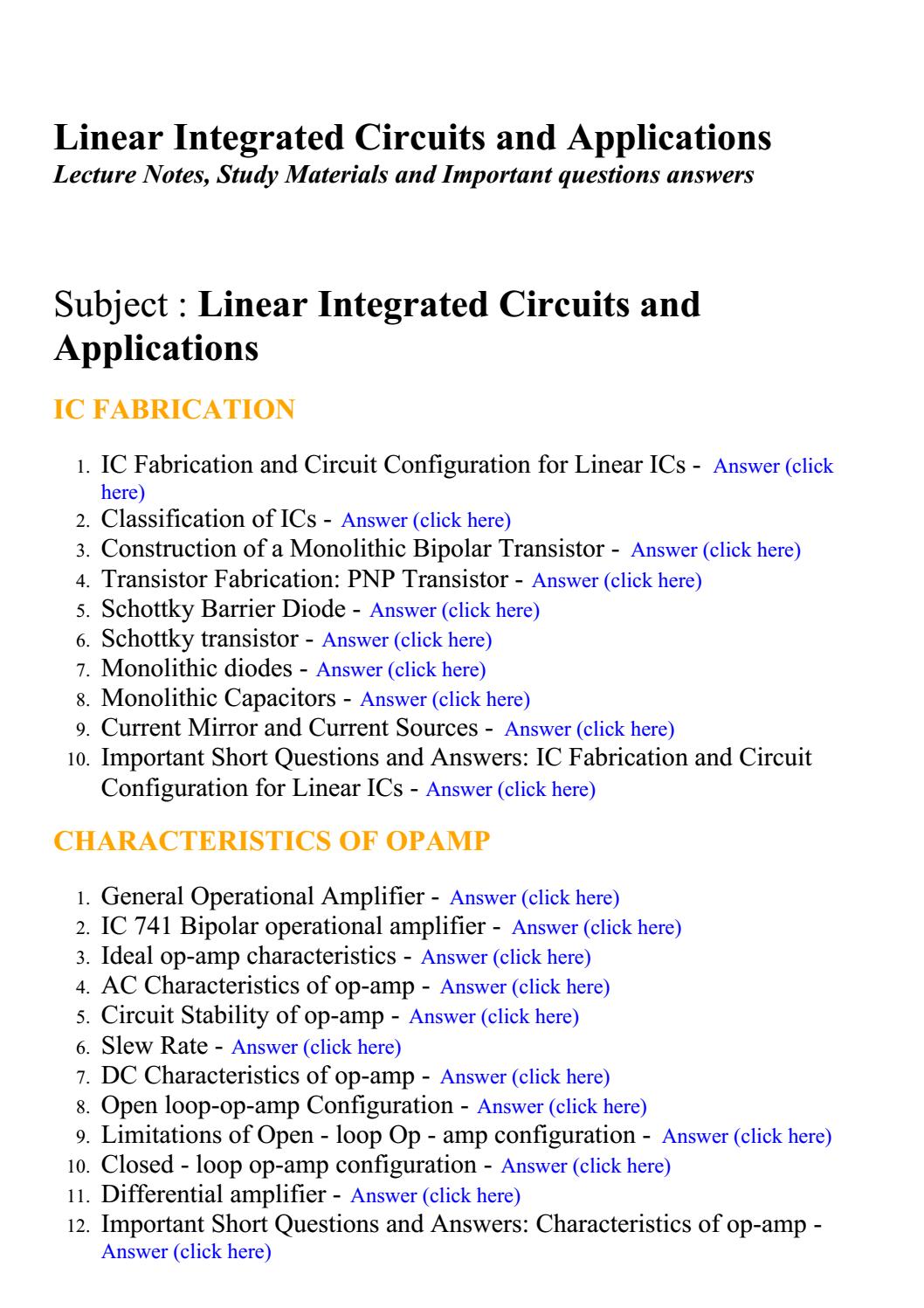 Linear integrated circuits and applications Lecture Notes, Study